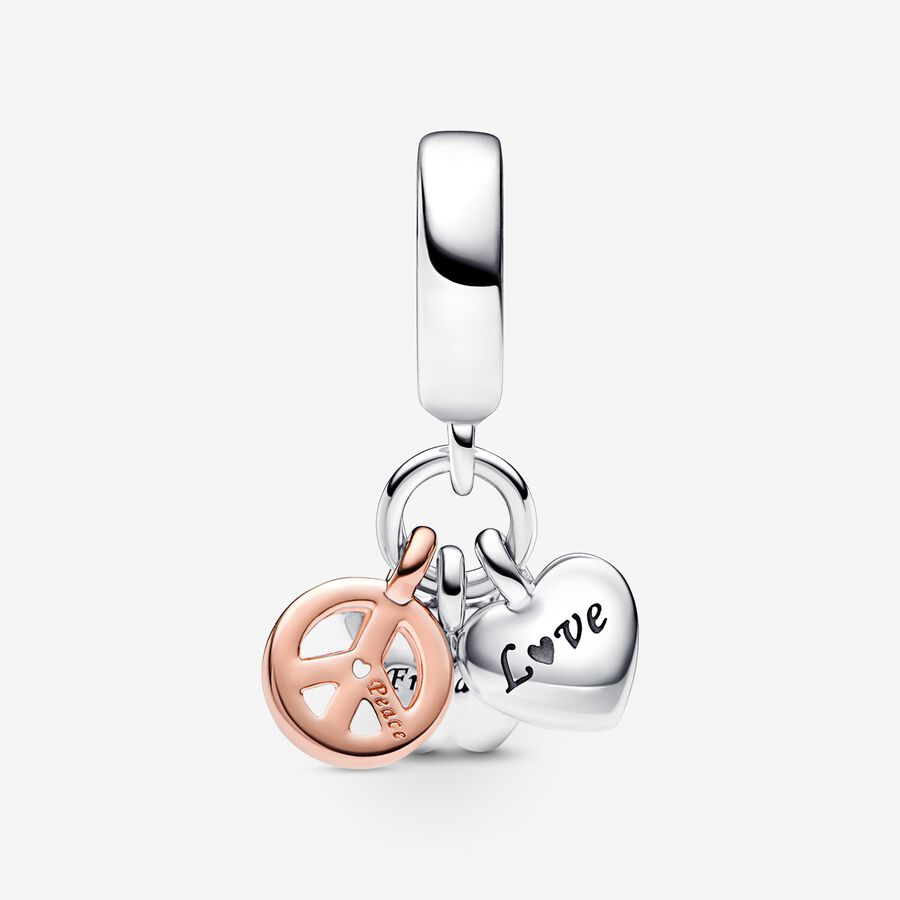 Two-Tone Rainbow Heart, Butterfly & Peace Triple Dangle Charm