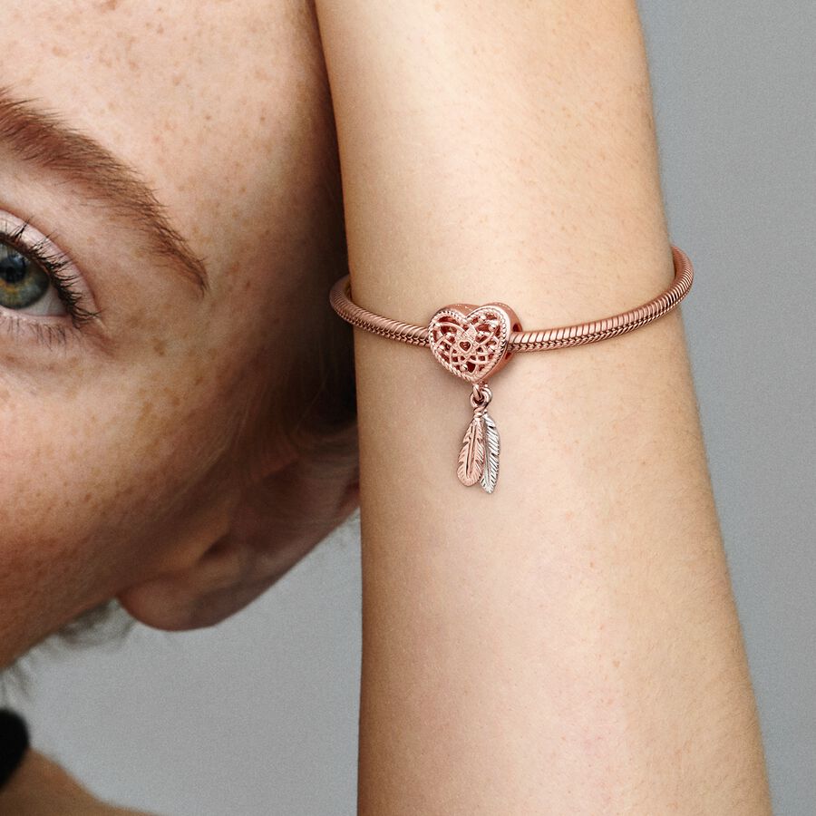 Openwork Heart & Two Feathers Dreamcatcher Charm