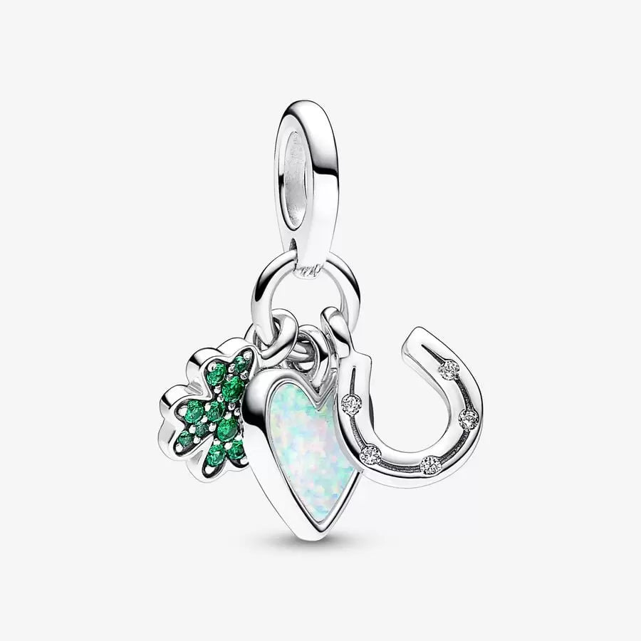 Four Leaf Clover, Heart and Horseshoe Triple Dangle