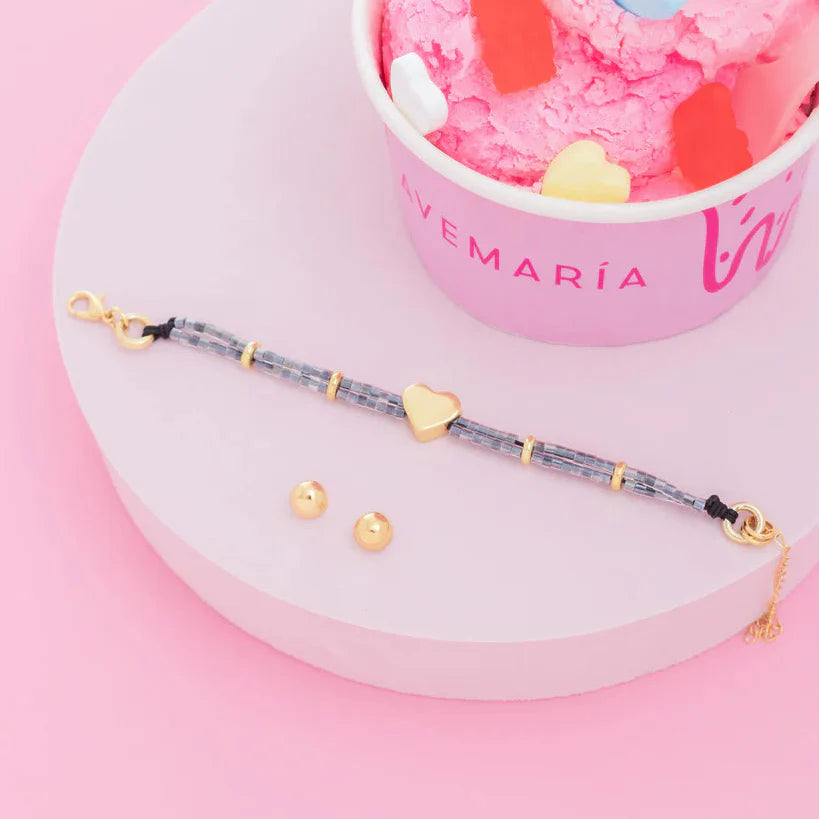 Pulsera Black Corazón Liso + Aretes