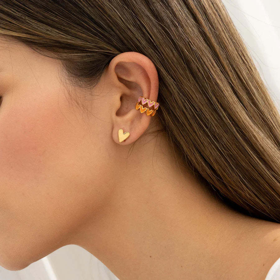 Set De Aretes + Earcuff Corazones Rosa y Naranja