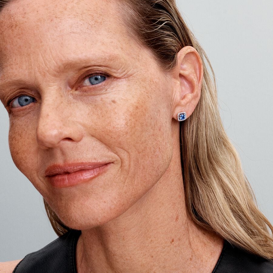 Sparkling Square Blue Halo Stud Earrings