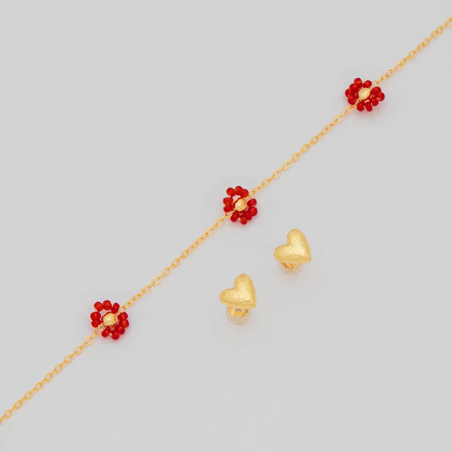 Set Tobillera Flores Rojo + Aretes