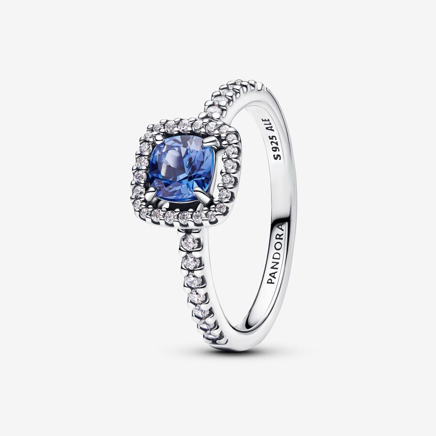 Sparkling Square Blue Halo Ring