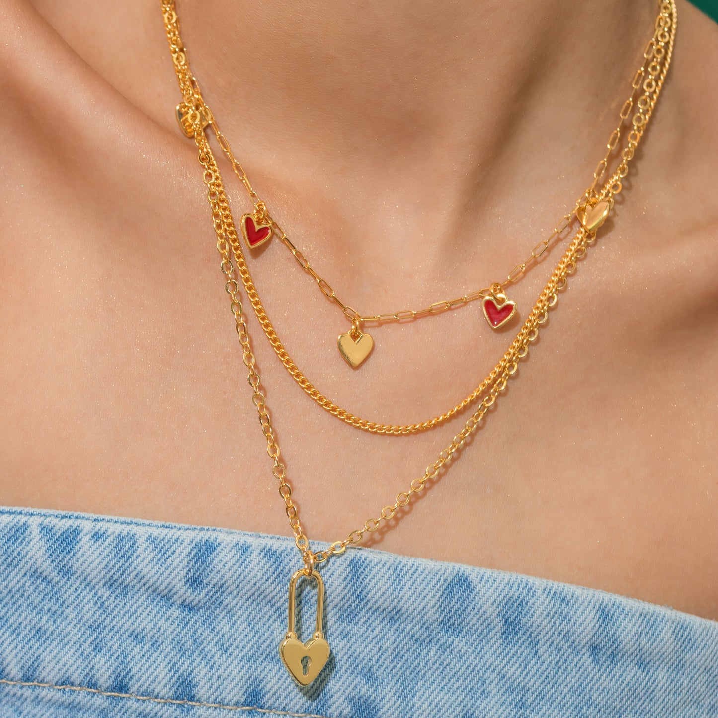 Set X2 Collares Corazón Candado + Aretes