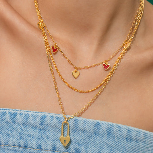 Set X2 Collares Corazón Candado + Aretes