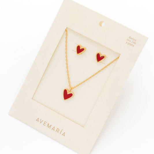 Set Cadena + Aretes Corazón Rojo