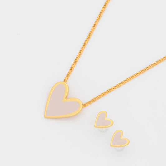 Set Cadena + Aretes Corazón Rosa Pálido