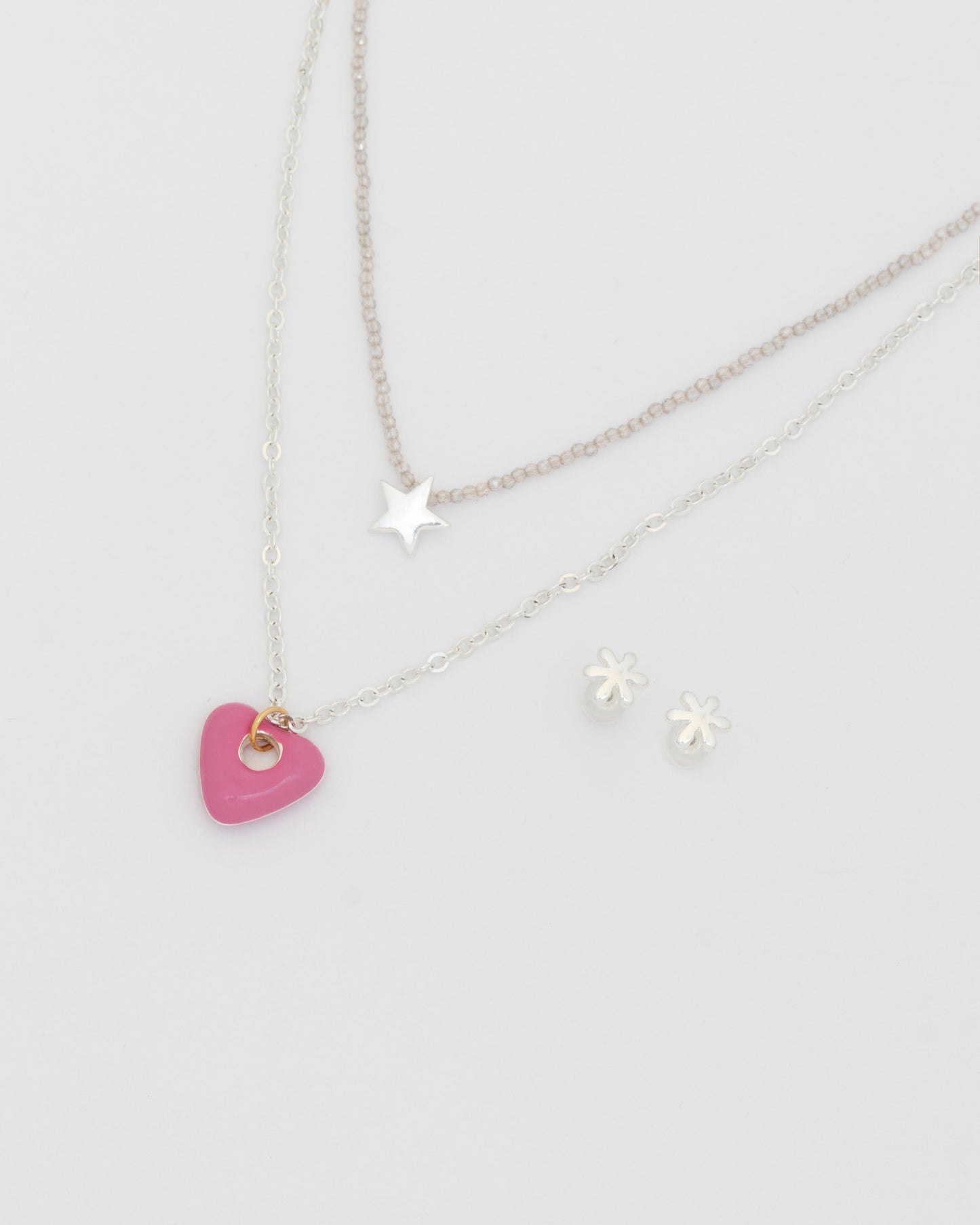 Collar x 2 Layering Corazón Estrella Plata + Aretes
