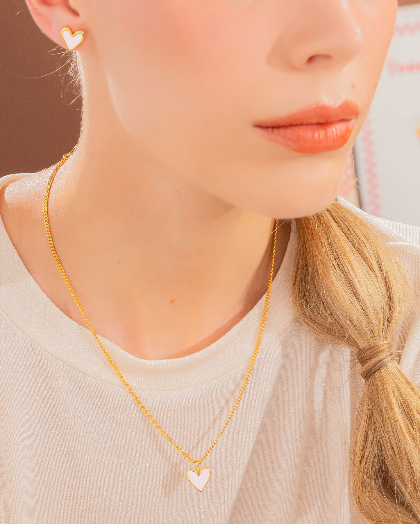 Set Cadena + Aretes Corazón Rosa Pálido