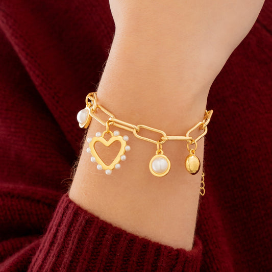 Pulsera Multicharms Corazón Perla + Aretes