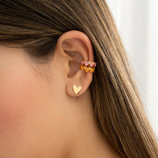 Set De Aretes + Earcuff Corazones Rosa y Naranja