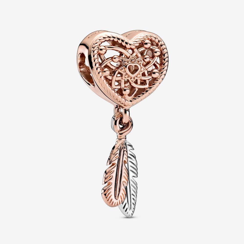 Openwork Heart & Two Feathers Dreamcatcher Charm