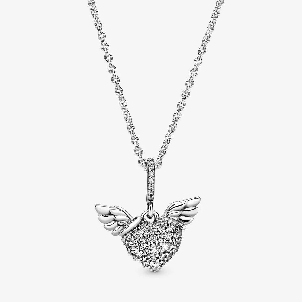 Pave Heart and Angel Wings Necklace
