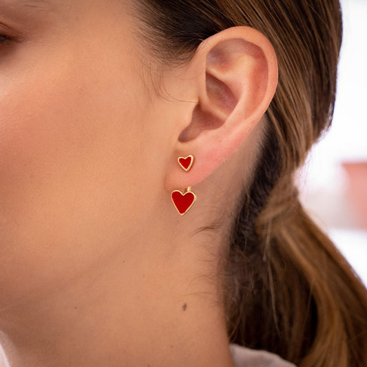 Aretes 2 en 1 Corazones Rojo