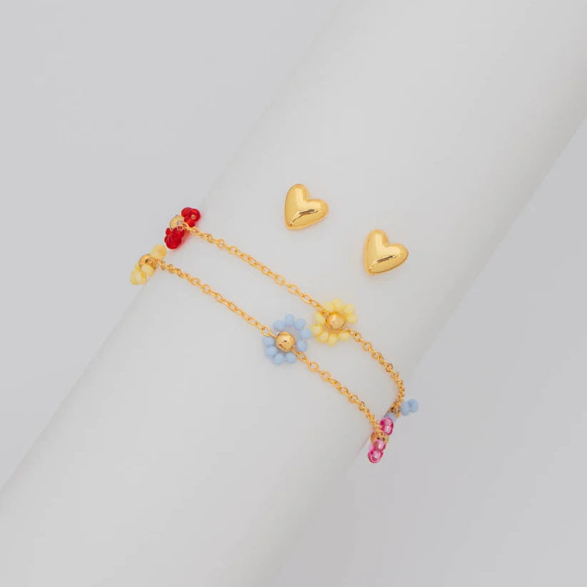 Set Pulsera Flores Multicolor + Aretes