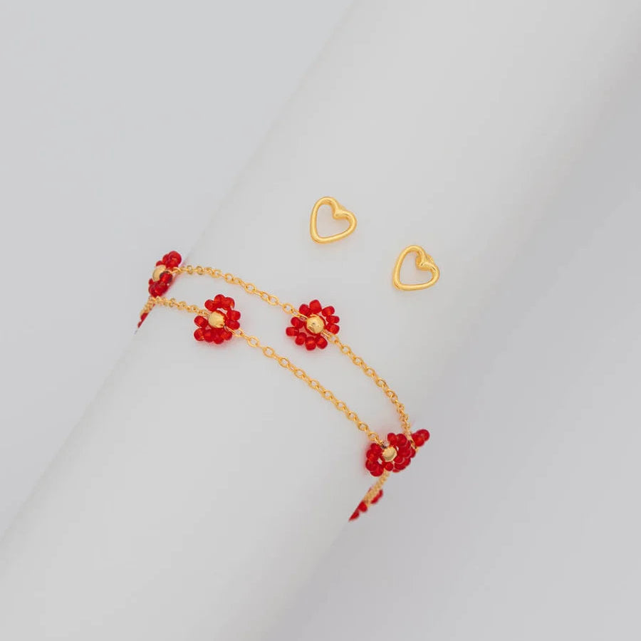 Set Pulsera Flores Rojo + Aretes