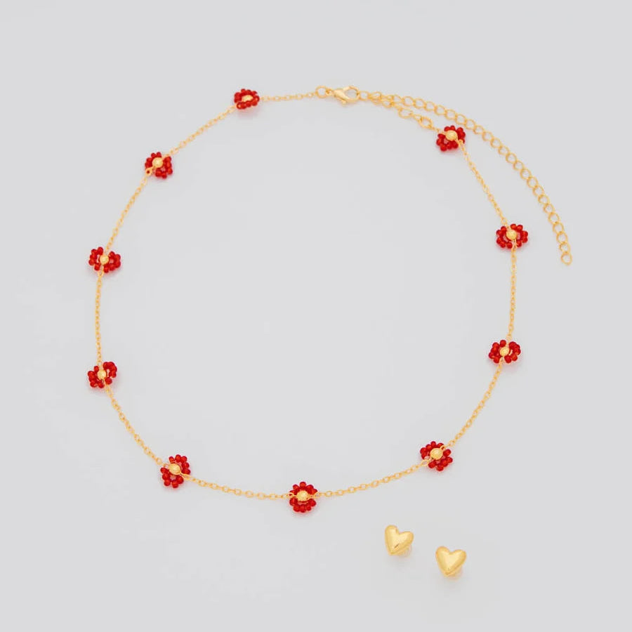 Set Choker Flores Rojo + Aretes