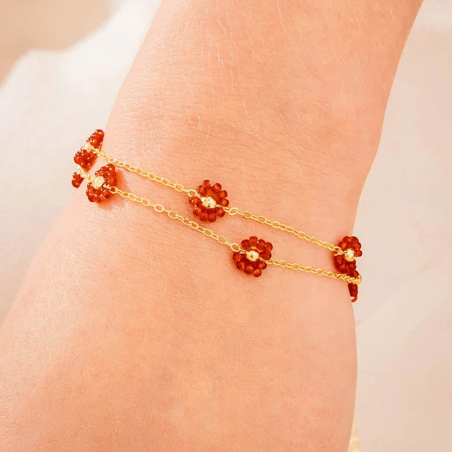 Set Pulsera Flores Rojo + Aretes