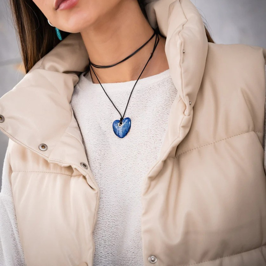 Cuerito Corazón Azul Escarchado + Aretes