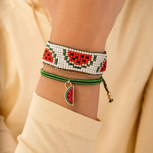 Set X3 Pulsera Tejida Sandía + Aretes