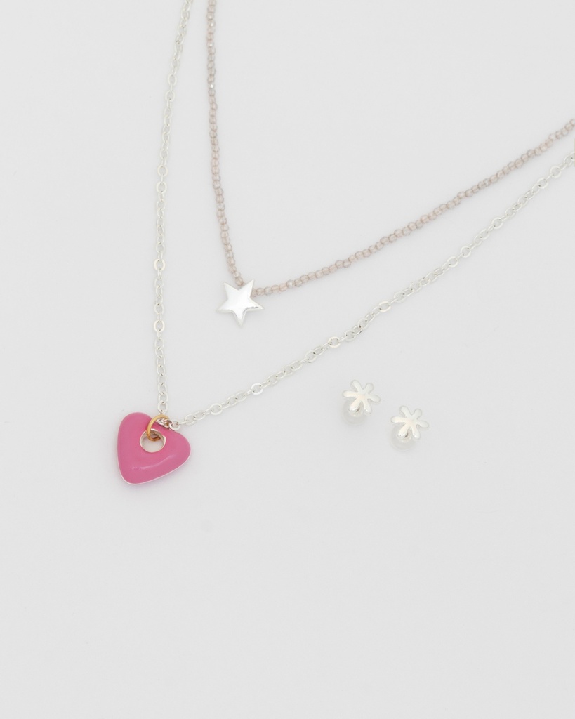 Collar x 2 Layering Corazón Estrella Plata + Aretes - 2