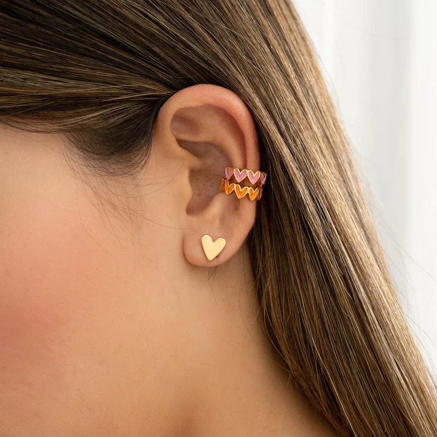 [1154] Set De Aretes + Earcuff Corazones Rosa y Naranja