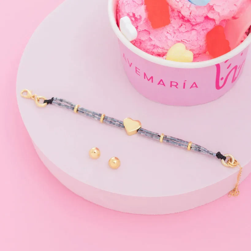 [12415] Pulsera Black Corazón Liso + Aretes