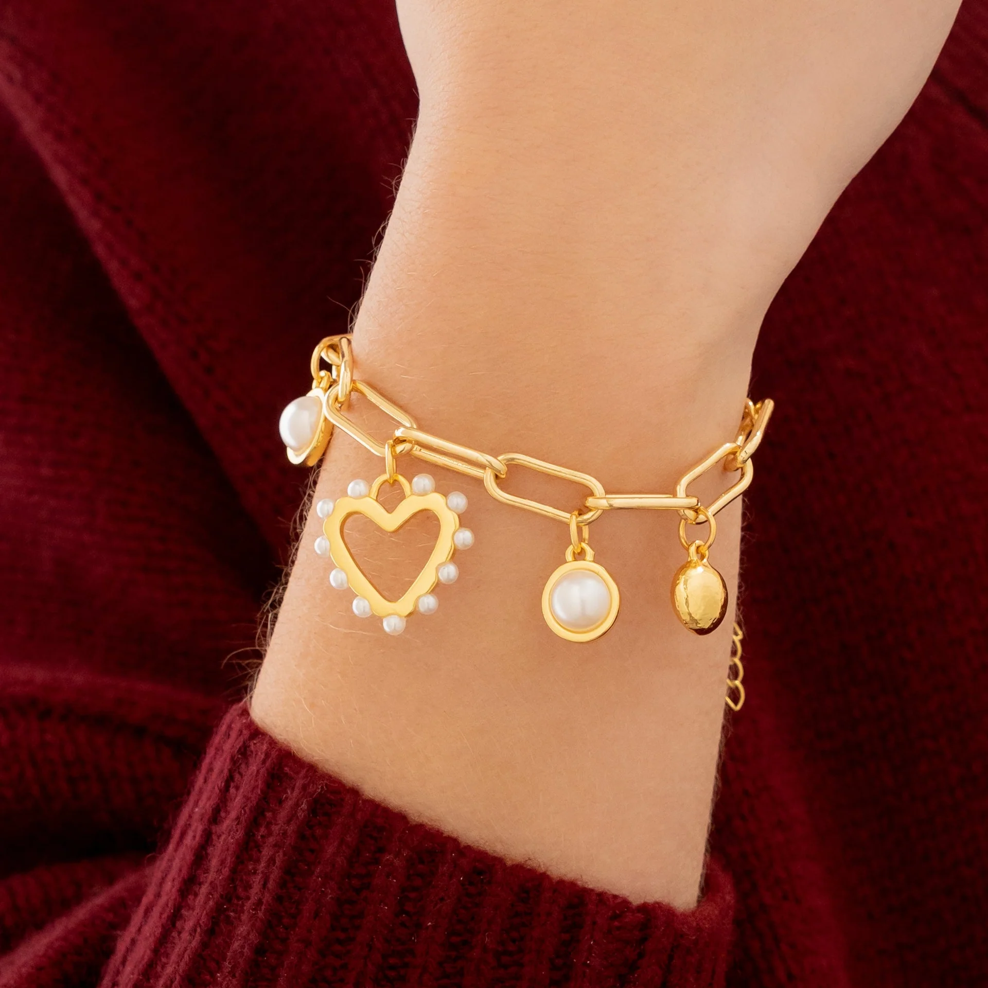[12473] Pulsera Multicharms Corazón Perla + Aretes