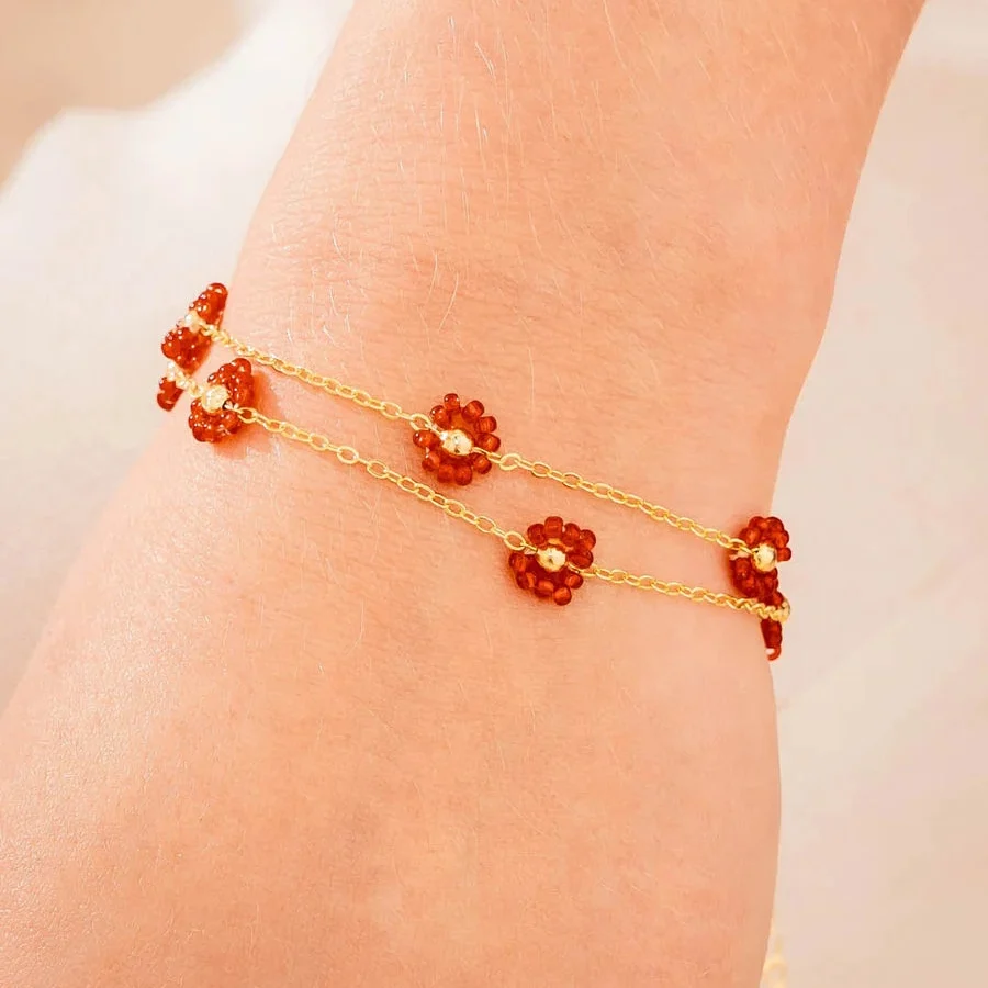 Set Pulsera Flores Rojo + Aretes
