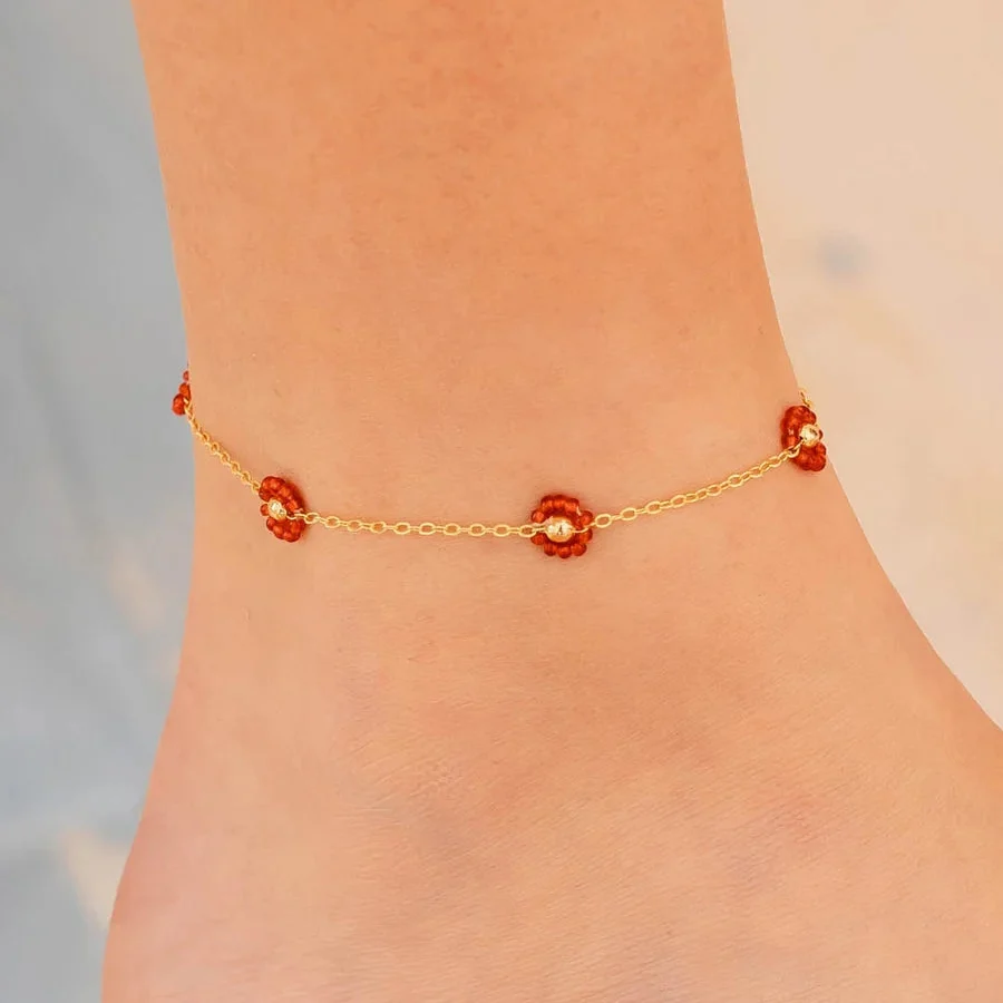 Set Tobillera Flores Rojo + Aretes